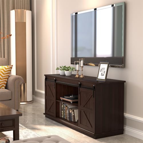 JUMMICO TV Stand for 65 Inch TV, Sliding Barn Doors, Brown - Image 2