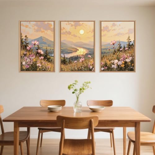 LHIUEM Large Boho Sunset Wildflower Framed Canvas Wall Art,Nature Pink Flower Wall Decor,Blossom Botanical Mountain Landscape Artwork for Living Room,Bedroom,Dining Room,Office -16"x24"x3 - Image 3