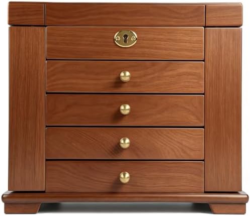 Wood Jewelry Box Organizer 5-Drawer Lockable with Mirror by Unknown
