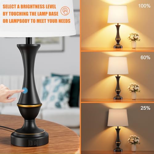 Touch Lamps for Nightstand, 3 Way Dimmable Lamps for Bedroom with USB C+A - Image 2