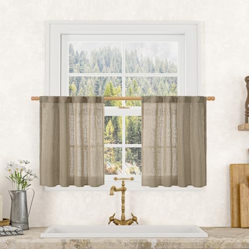 LAMIT Taupe Linen Curtains 24 Inch Length for Cafe Kitchen Window 2 Panels by LAMIT