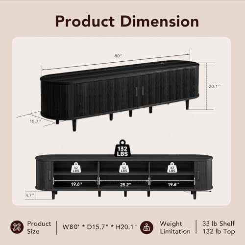 MXV 80" Mid-Century Modern TV Stand with Sliding Doors, TV Consoles with Power Outlet, Fluted Entertainment Center with Adjustable Shelves, for Living Room - Image 3