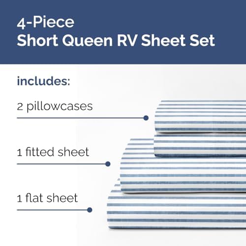 Short Queen Size 4 Piece Bed Sheet Set - RV Short Queen - Blue Stripes - Image 2