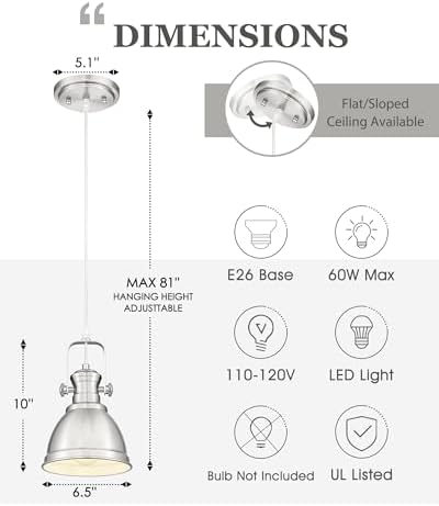 Brushed Nickel Pendant Lights Kitchen Island, 6" Metal Shade - Image 2