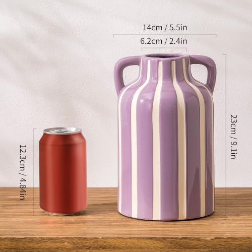 Ceramic Flower Vase with Handles, Modern Purple Striped Decorative Vase for Home Decor, 9.1" Art Floral Tall Flower Vases for Living Room & Kitchen, Mantel & Bookshelf, Centerpieces, Entryway - Image 6