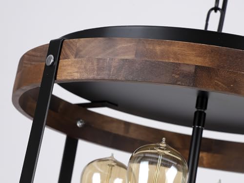 4-Light Large Rustic Farmhouse Wood Pendant Light Fixture with Adjustable Chain, 16.5 inch Oak Wood Drum Chandelier for Dining Room Kitchen Island Farmhouse Living Room Hallway, Black - Image 6
