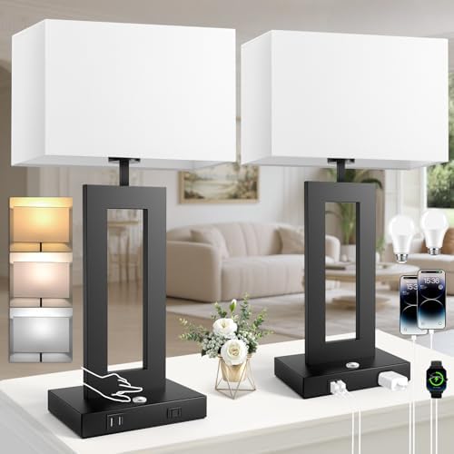 27.2’’ Tall Black Table Lamps for Living Room Bedroom, Bedside Touch Control Lamps with 2 USB Ports&AC Outlet, 3 Color Temp.&Stepless Dimming Desk Lamp Sets for Home Office, Pre-assembled White Shade by Kondras