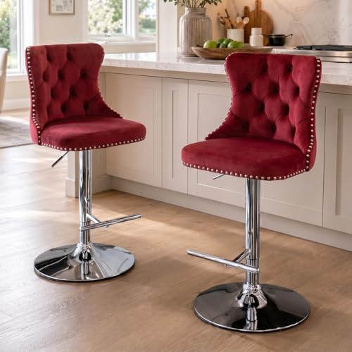 SoarFlash Velvet Bar Stool Set of 2, Adjustable Swivel Bar Stools with Silver Plated Metal Leg, Button Tufted, Footrest, Chrome Nailhead, Counter Height Chair for Kitchen, Bar, Dining Room (Wine Red) by SoarFlash