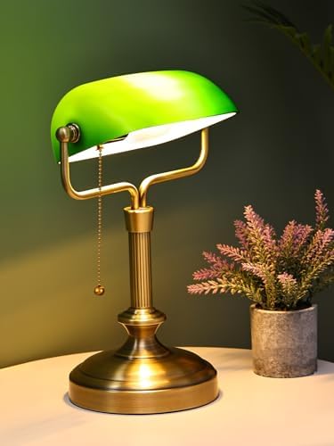 Traditional Banker's Desk Lamp with Glass Shade,Pull Chain Switch, LED Bulb Included (Antique Bronze+Green) - Image 4
