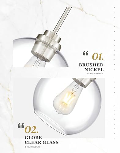 2 Pack Pendant Lights Kitchen Island, 8" Brushed Nickel Pendant Light Fixtures with Globe Clear Glass Shade, Modern Kitchen Island Lighting for Bathroom, AD-22280-2PL-SN - Image 3