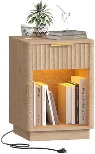 Akxomel Fluted Nightstand Bedside Table with Charging Station Oak by Akxomel