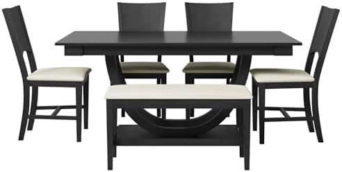 Modern Solid Wood 6-Piece Dining Table Set, Unique Design Half Round Legs Dining Table with Upholstered Dining Chairs&Bench, Kitchen Dining Room Set for 6 (Grey-Half L) - Image 5
