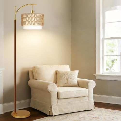 QIYIZM Rattan Floor Lamp for Living Room,Bedroom,Boho Standing Lamp with Remote Dimmable,Wood Vintage Mid Century Modern Gold Tall Lamp Wicker Lamp Shade Floor Lights Bohemian Tiffany Style - Image 7