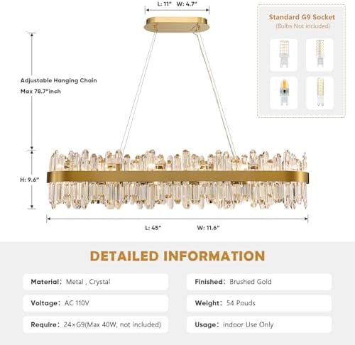 Gold Oval Crystal Chandelier L45.3 inch, 24-Lights Gold Chandeliers Modern Crystal Chandelier Pendant Light Fixture G9 Lights Pendant Ceiling Light for Dining Living Room Kitchen Island - Image 2