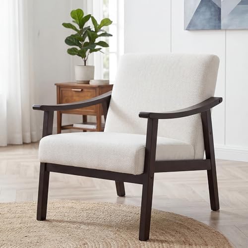 Accent Chair, Mid Century Modern Armchair, Solid Wood Arm Chair, Upholstered Comfy Reading Chair for Living Room, Bedroom, Waiting Room, Beige by Unknown