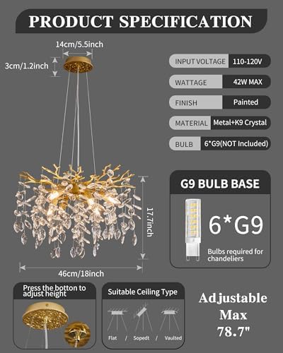 Modern Tree Branch Crystal Chandelier Luxury Gold Crystal Pendant Lighting 18" Contemporary 6-Light Chandeliers for Dining Room Kitchen Bedroom Living Room - Image 3