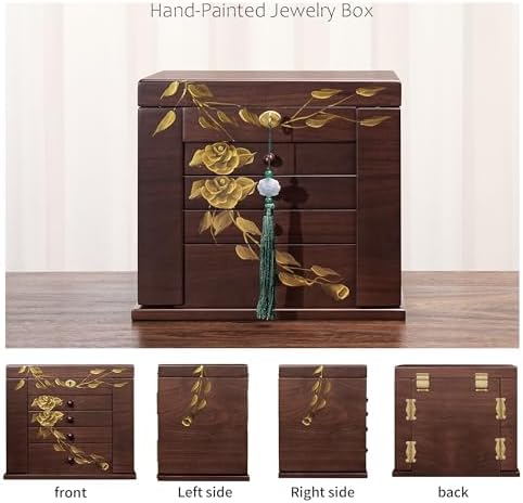 Hand-Painted Rose Wood Jewelry Box, 8-Layer Lockable Vintage Organizer - Image 4