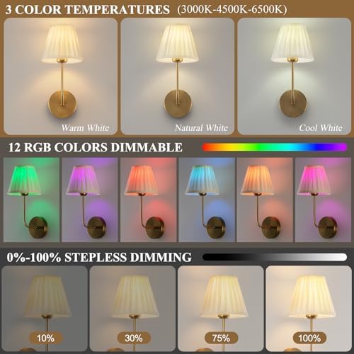Cordless Wall Sconces Set of 2, Dimmable 15 Colors Rechargeable Battery Operated Wall Sconces, Wireless Gold Vintage Wall Sconce with Fabric for Bedroom Living Room Hallway Wall Decor - Image 5