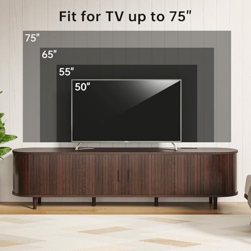MXV 70" Mid-Century Modern TV Consoles with Sliding Doors, TV Stand with Power Outlet, Fluted Entertainment Center with Adjustable Shelves, for Living Room - Image 6