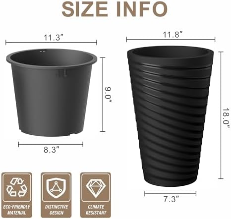 Kante Set of 2 Black Plastic Round Planters 18" Tall Home & Outdoor - Image 2