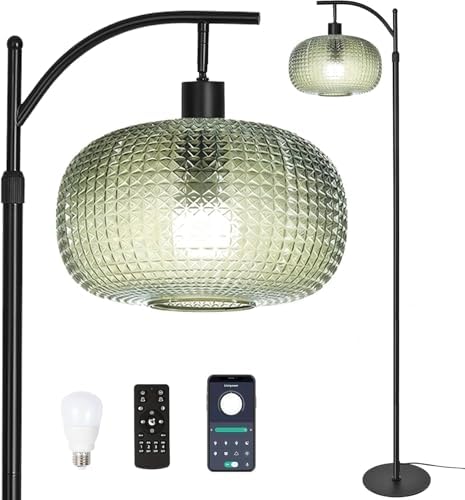 Dark Green Floor Lamps for Living Room,Black Floor Lamp with Remote Control & Green Lampshade,Arc Flower Lamp Dimmable Mid Century Modern Standing Lamp Vintage Brass Tall Floor Lamp For Bedroom Corner by DONDDA