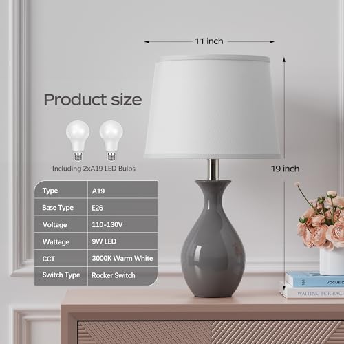 PARTPHONER Table Lamp Set of 2, Modern Ceramic Bedside Lamps for Night Stands, Classic Small Lamp Nightstand Lamp for Bedroom Living Room Desk End Table Rocker Swtich Grey - Image 2
