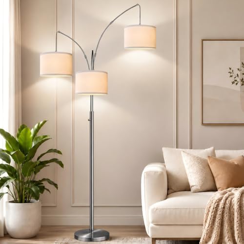 Nintiue Dimmable Floor Lamp - 3 Lights Brushed Nickel Arc Floor Lamps for Living Room,1000LM Modern Tall Standing Lamp with White Shades,Mid Century Tree Floor Lamp for Bedroom,3 LED Bulbs Included by Nintiue