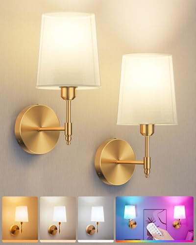 Battery Operated Wall Sconces Set of 2, Remote Control, RGB Bulb, Gold by Ouyulong