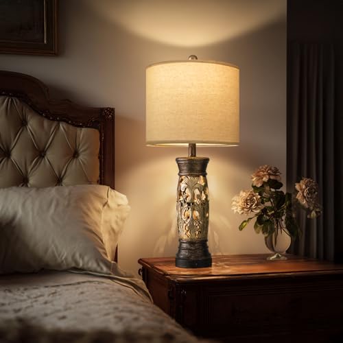 27.25" Antique Gold Table Lamps with Night Light, Bedside Lamps Set of 2 - Image 2
