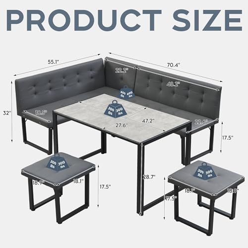 XIAO WEI Corner Dining Table Set for Small Spaces, 70 Inch Breakfast Nook with Storage Banquette, 5 Piece Dining Set with Upholstered Bench, Modern Grey - Image 2