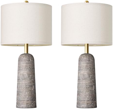 BOBOMOMO 27.25" Modern Table Lamp Set of 2, Light Grey Resin Table Lamps with Stone Look, Lamps for Living Room with Linen Shades, Bedroom Nightstand Lamps, Table Lamps for Living Room End Tables by BOBOMOMO
