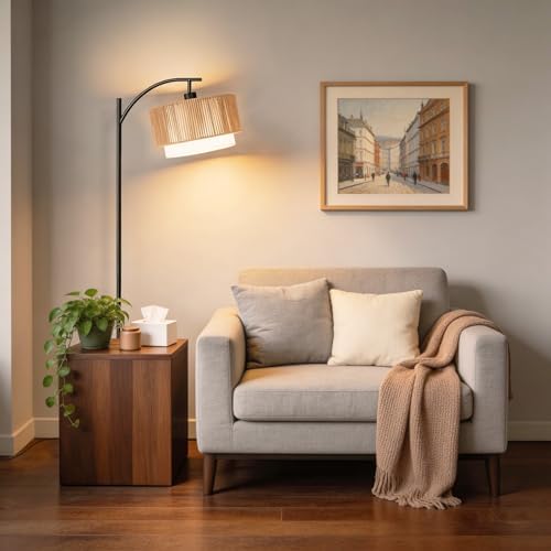 TJOY Arc Floor Lamp for Living Room, Boho Rattan & Fabric Shades - Image 6
