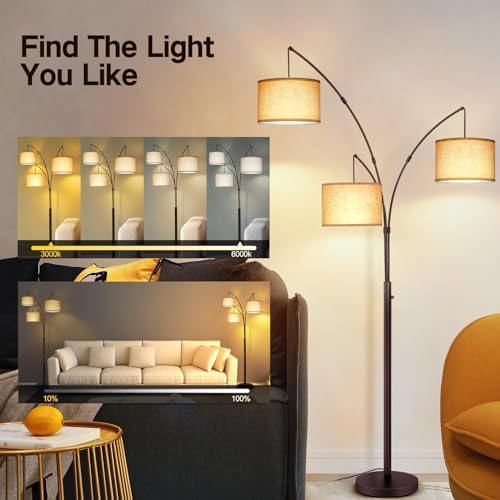 OUTON Floor Lamp with Remote Control, Modern Bright Lamps for Living Room, Adjustable 3-Light Tall Arched Lamp for Bedroom, Office, 2400lm Mid Century Design with Hanging Shade - Image 2