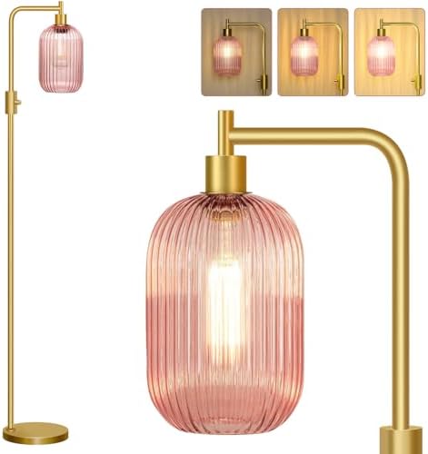 【Upgraded】 Dimmable Floor Lamp for Living Room with Pink Ribbed Glass Lampshade, Gold Modern Floor Lamp with 900LM LED Bulb Included, Arc Standing Tall Lamp for Bedroom, Office, Reading Room, Corner by Yemela