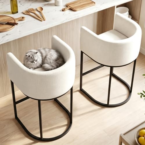 26" H Counter Height Bar Stools Set of 4, Modern Barrel Counter Stools with Backrest and Arms, Linen Fabric Upholstered Accent Barstools for Kitchen Island,Support 450 LBS (White) - Image 5