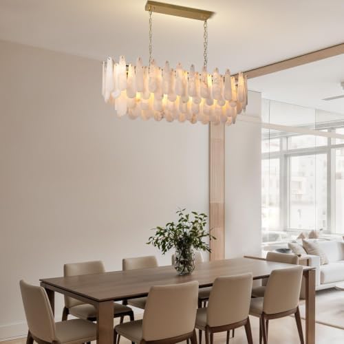 Chandeliers for Dining Room, L47.2 in Modern Alabaster Rectangle Brass Chandelier, 4-Tiers Luxury Natural Stone Ceiling Light Fixture, White Marble Chandeliers for Kitchen Island Living Room Bedroom - Image 4