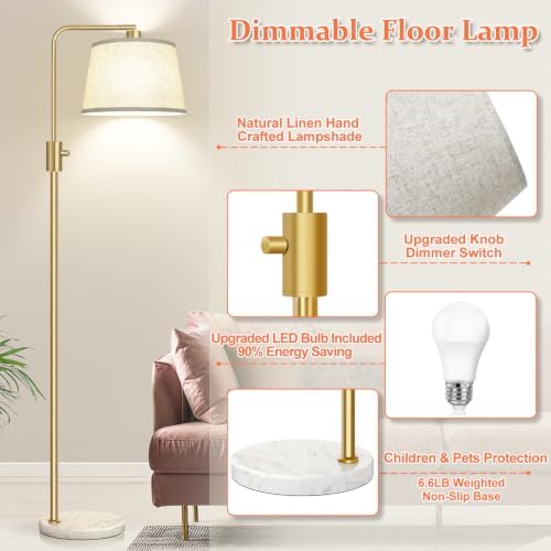 Nintiue Dimmable Gold Floor Lamp, 1000 LM LED Edison Bulb Included, Arc Floor Lamps for Living Room with Marble Base, Modern Standing Lamp Tall Lamps for Living Room Bedroom - Image 4