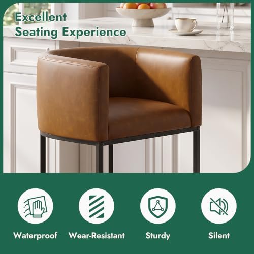 Counter Height Bar Stools Set of 2, Modern Counter Stools for Dining Room, 24 Inch Barstools for Kitchen Island, Faux Leather Bar Stool with Metal Legs and Back Footrest, Brown - Image 5