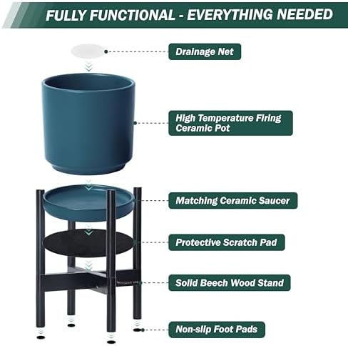 D'vine Dev Ceramic Pot with Ebony Wood Stand, Teal, 14 in, 55-B-S-4 - Image 5