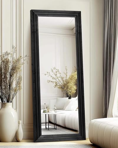 65x24in Full Length Mirror, 3-Tier Stepped Solid Wood Frame, Black - Image 4