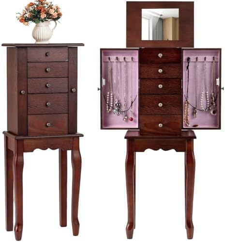 GIANTEX Standing Jewelry Armoire Cabinet with 4 Drawers, Flip Top Mirror, Top Storage Compartments, 2 Side Doors with 8 Necklace Hooks, Freestanding Jewelry Organizer Box Chest (Walnut) by Giantex