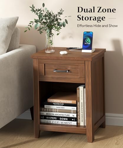 Decofy Farmhouse Nightstand with Charging Station, Walnut - Image 4