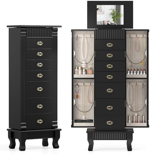 DREAMADE Jewelry Armoire, Standing Jewelry Box w/Mirror & 7 Drawers, Black by DREAMADE