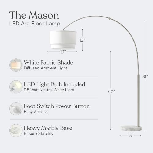 Brightech Mason Arc Floor Lamp - Modern Corner Standing Lamp with Unique Hanging Drum Lamp Shade for Living Room - Bright Overhead, Curved Hanging Light for Bedroom. Library, Den - Nickel - Image 3