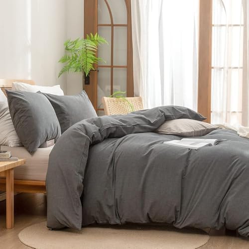 BESTOUCH Cotton Solid Duvet Cover Set Linen Feel Dark Grey Oversized Full - Image 3
