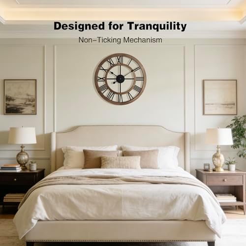 24 Inch Large Rustic Wall Clock Silent Non-Ticking Wooden Wall Clocks with Roman Numerals Farmhouse Decorative Clock for Living Room Bedroom Office (Brow) - Image 5
