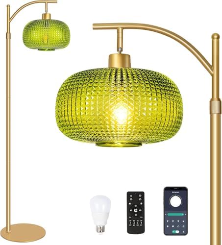 Glass Floor Lamp for Living Room, Modern Standing Lamp for Bedroom, Dimmable Tall Lamp with Shade, Remote,12W LED Bulb Included (Gold+Green) by DONDDA