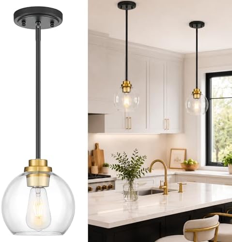 Pendant Lights Kitchen Island, 7" Black and Gold Hanging Lights Fixtures with Clear Glass Globe Shade, Modern Kitchen Island Lighting for Bathroom, AD-22280-1P-KG by Audickic