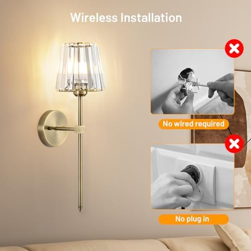 Crystal Battery Operated Wall Sconces Set of 2, Brass Rechargeable Wireless Wall Lights with Crystal Lampshade, 12 RGB and 3CCT Dimmable Wall Lamp with Remote for Bedroom Living Room Hallway - Image 6