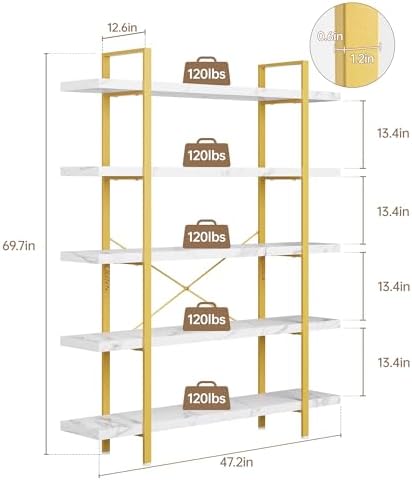 OtterOasis Heavy Duty 5-Tier Industrial Bookcase, 47" Wide Wood Bookshelf for Home Office, 120lbs Shelf Capacity, Shelving Display with Reinforced Horizontal Shelf for Living Room Bedroom,White - Image 2